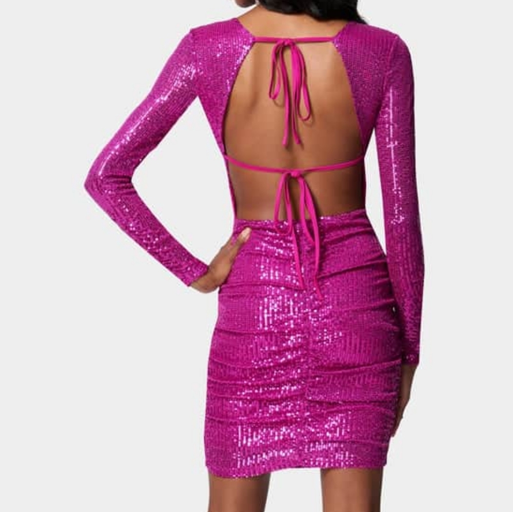 Bebe Open Back Ties Sparkle Mini Dress Pink Sequin Medium Stretch Bodycon NWT